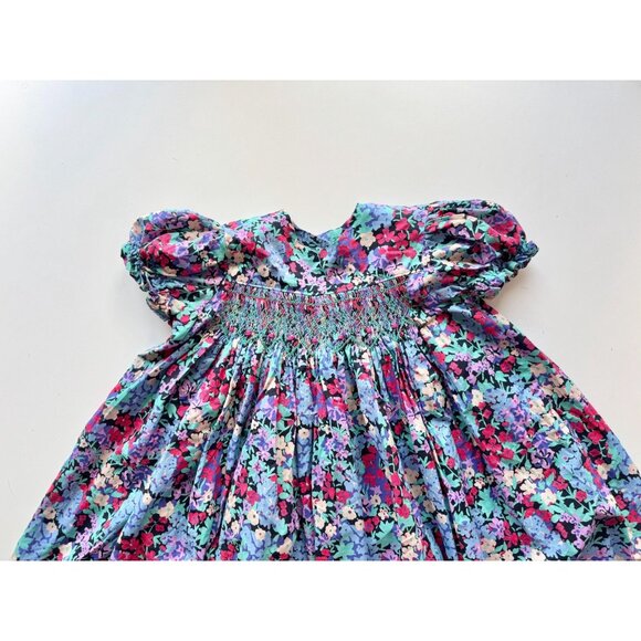 Vintage Girl's Floral Cotton Poplin Smocked Peasant Tent Dress, Size 4-5Y - Picture 2 of 9